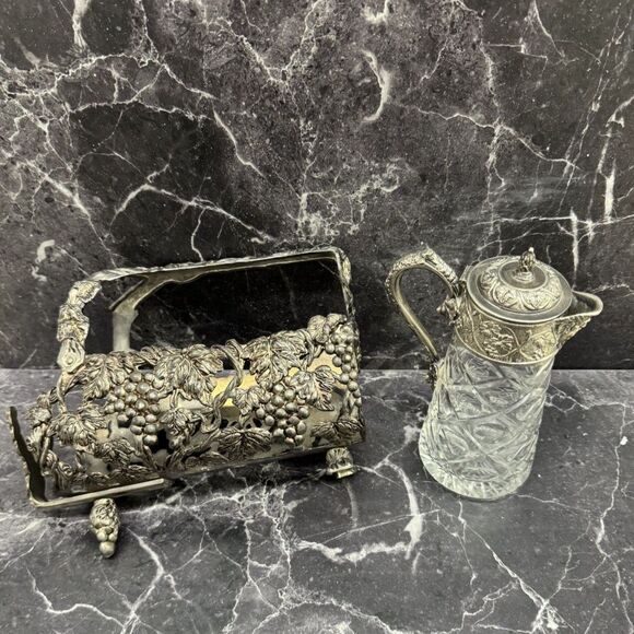 Vintage Grapevine Lot Arthur Court Tray, Wilton Mold, Glass Ewer, Wine Holder - Picture 5 of 16